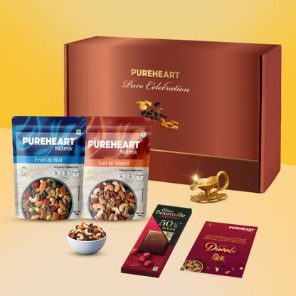 PUREHEART Diwali Gift Hamper|Dry Fruits Gift Box with Nutmix, Diya, Chocolate & Card Combo