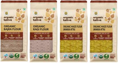 Organic Tattva Organic Bajra Flour, Ragi Flour, Jowar Flour, Maize Flour (500g Each) Combo