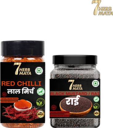 7Herbmaya Laal Mirch Powder & Whole Kali Sarson/Black Mustard & Red Chilli Powder for Food Combo