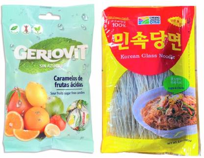 Geriovit Sour Fruits Sugar Free Candies & Korean Dang Myun Glass Instant Noodles Combo