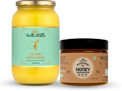 Vedicatam A2 Gir Cow Ghee 1Ltr & Raw Kashmiri Honey 410g Combo Combo
