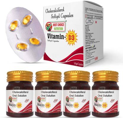 BEST CHOICE NUTRITION Vitamin D3 60k Nano Shots(4×5ml) with Vitamin D3 60k capsules (20 No) One-A-Week Combo