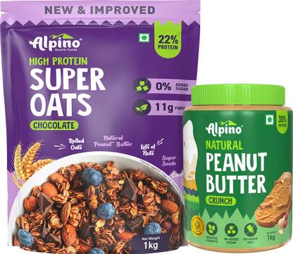 ALPINO Chocolate Oats 1kg & Natural Peanut Butter Crunch 1kg Combo