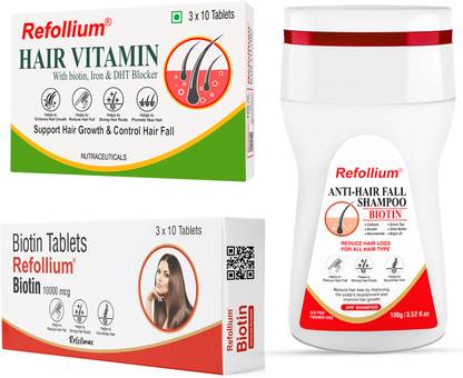 Refollium Biotin Hair Fall Control Kit Biotin 10000mcg+Hair Vitamin+Shampoo (1 MONTH) Combo