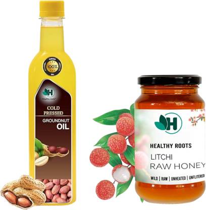 Healthy Roots 1L Cold Pressed Groundnut Oil and 1kg Litchi Raw Honey Combo