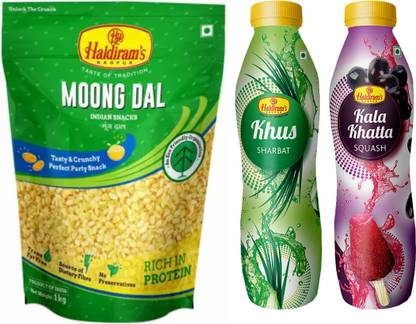 Haldiram's Moong Dal 1KG With Kala Khatta Squash (750 ml) And Khus Sharbat (750 ml) Combo