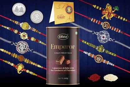 Effete Designer Rakhi Combo|Rakhi for Men with Roli Chawal , Chocolate Can and Greeting Card, Laxmi Silver Coin | Festival of Raksabandhan(K10_MC6_MRN) Combo