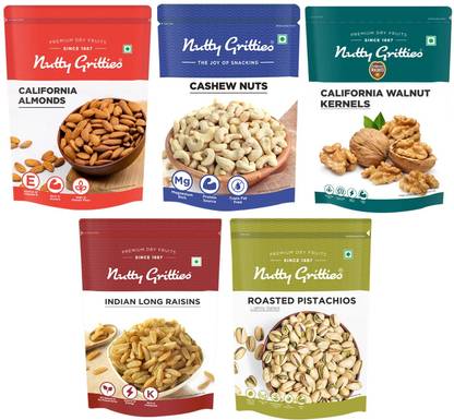 Nutty Gritties Mixed Daily Needs Nuts Dry Fruits - Almonds, Walnuts Kernels, Cashews, R&S Pistachios and Raisins Combo (200g Each) Combo