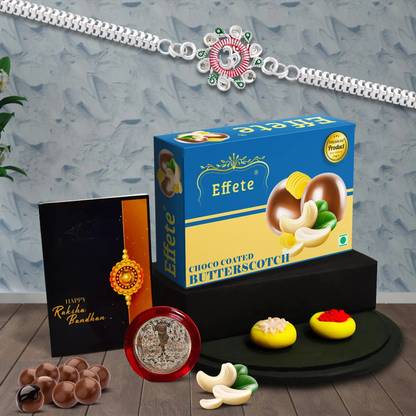 Effete Designer Rakhi Combo|Rakhi for Men with Roli Chawal ,Choco Butterscotch Chocolate Box and Greeting Card, Laxmi Silver Coin | Festival of Raksabandhan(K1_M4_B32) Combo
