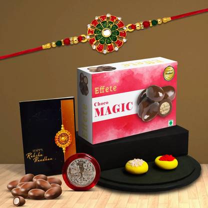 Effete Designer Rakhi Combo|Rakhi for Men with Roli Chawal ,Choco Peanuts Chocolate Box and Greeting Card, Laxmi Silver Coin | Festival of Raksabandhan(K1_62_P32) Combo