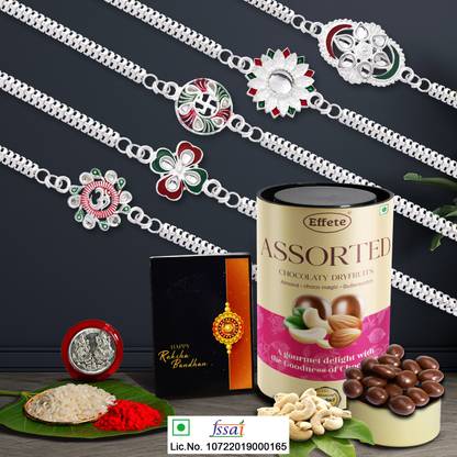 Effete Designer Rakhi Combo|Rakhi for Men with Roli Chawal , Chocolate Can and Greeting Card, Laxmi Silver Coin | Festival of Raksabandhan(K5_NC13_CRM) Combo