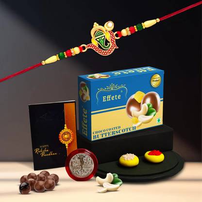 Effete Designer Rakhi Combo|Rakhi for Men with Roli Chawal ,Choco Butterscotch Chocolate Box and Greeting Card, Laxmi Silver Coin | Festival of Raksabandhan(K1_942_B32) Combo