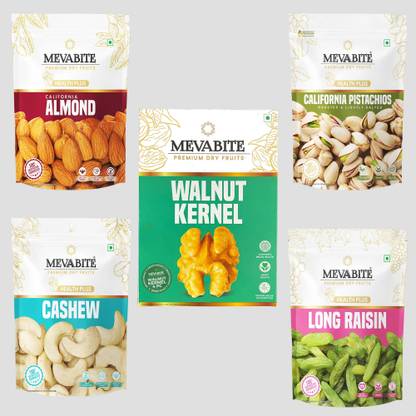 MevaBite Dry Fruits 1Kg, Almonds, Cashews, Raisins, Pistachios & Walnuts (200g Each) Combo