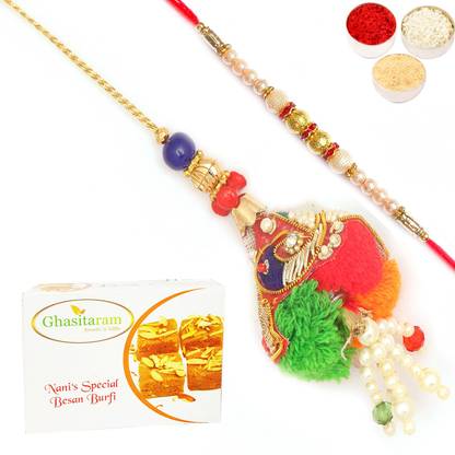 Ghasitaram Gifts The Classical dome Bhaiya Bhabhi Rakhi-Besan Barfi 200g Combo