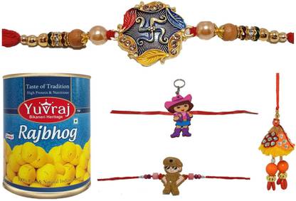 Yuvraj Food Product Rajbhog sweets 1 kg pack with bhaiya bhabhi or 2 kids rakhi combo set Combo