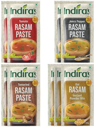 Indira Tomato Rasam Paste 50g (2 Nos) + Pepper Rasam Paste 50g (2 Nos) + Tamarind Rasam Paste 50g (2 Nos) + Dal Rasam Powder 35g (3 Nos) Combo
