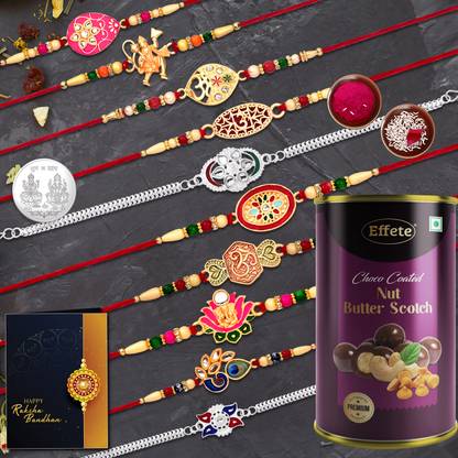 Effete Designer Rakhi Combo|Rakhi for Men with Roli Chawal Tilak, Butterscotch Chocolate and Greeting Card, Laxmi Ganesh Silver Coin | Festival of Raksabandhan(K10_MC2_BS) Combo
