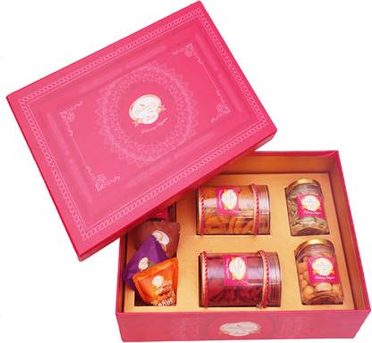 Jaiccha Big Pink Hamper Box of Sweets / Bites, Namkeen and Dryfruit- Phb-1 Combo