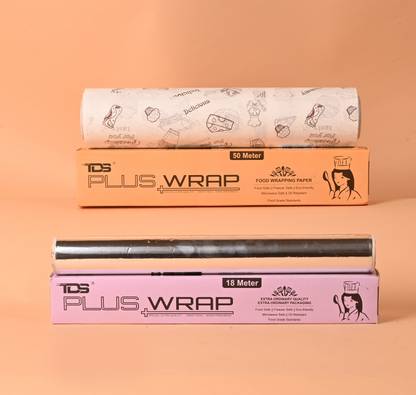 TDS PLUS WRAP 50 Mtr Brown Print & 18 Mtr Foil Paper (Pk 2) | Food Paper for Roti & Cake Parchment Paper