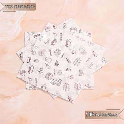 TDS PLUS WRAP 100 Food Wrapping Pre-Cut Sheets, 100% Microwave Safe, Non-Sticky& Biodegradable Parchment Paper