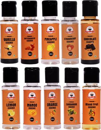 foodfrillz Vanilla+Strawberry+Butterscotch+Pineapple+Mix Fruit+Mango+Orange+Chocolate+Lemon+Cardamom Food Flavour Essence, 30 ml each (Pack of 10) Vanilla Liquid Food Essence