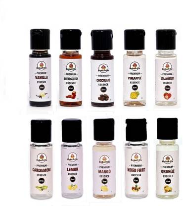 Bakefrillz Flavour Essence Combo (Vanilla+Strawberry+Butterscotch+Pineapple+Mix Fruit+Mango+Orange+Chocolate+Lemon+Cardamom) Food Flavour Essence, 30 ml each (Pack of 10) for cakes, ice creams desserts Vanilla Liquid Food Essence
