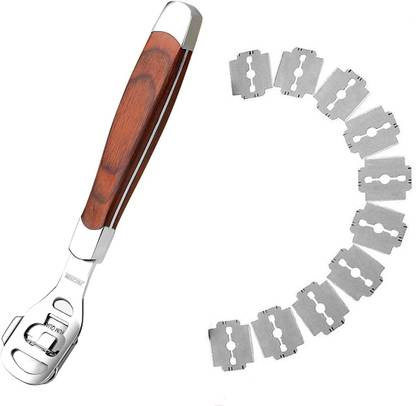 Sweetpea Stainless Steel Callus Shaver Pedicure Dead Hard Skin Remover Heel Razor Cutter With Skin Rub & 10 Blades For Foot Care, Removing Solid, Cracked Skin Cells. (Wooden)