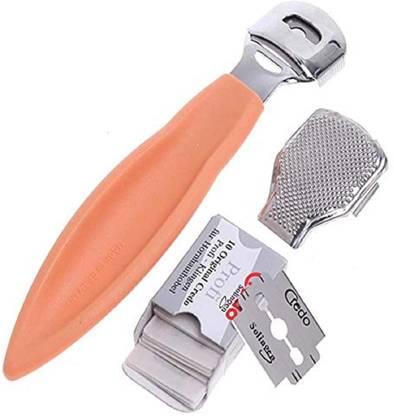 Sweetpea Stainless Steel Callus Shaver Pedicure Dead Hard Skin Remover Heel Razor Cutter With Skin Rub & 10 Blades For Foot Care, Removing Solid, Cracked Skin Cells. (Plastic With Blades)