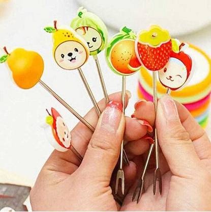 NAVBORN Cartoon Shape Fruit Forks Set for Kids With Color Rings Stand Stainless Steel Baby Fork