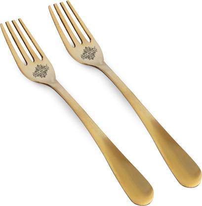IndianArtVilla Brass Fork With Matte Finsh And Antiquen Design Length 7.5'' Inch, Gold- 2 Pcs Brass Dinner Fork Set
