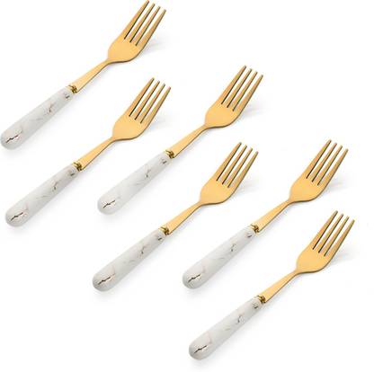 MGeezz Kitchen Golden Fork Spoons Set For Home & Restaurant Cutlery Dinner Table Bouillon Kata Chammach Spoon with Ceramic Handle Tableware Noodles Fork Stainless Steel Dinner Fork, Fruit Fork, Serving Fork Set