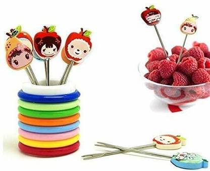 baalshree upharshree Cartoon Shaped Stainless Steel Fruit Fork Set with Round Stand Stainless Steel Fruit Fork, Dessert Fork Set