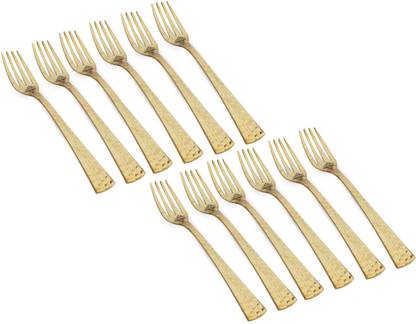 IndianArtVilla Pure Brass Matte Hammered Design Fork, Tableware, Cutlery Set, 7.2 Inches Brass Dinner Fork Set