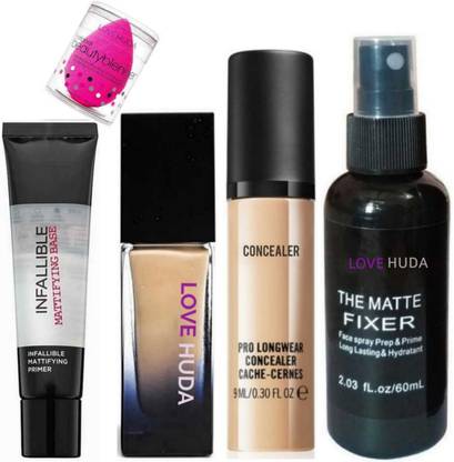 LOVE HUDA Professional Waterproof Primer, Concealer, Matte Fixer, Makeup Blender & Foundation
