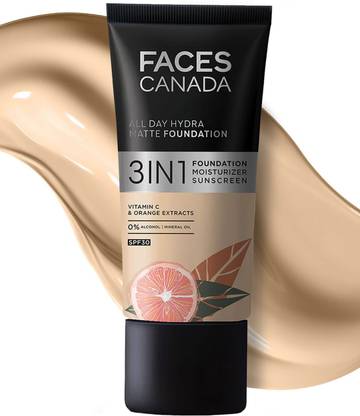 FACES CANADA All Day Hydra Matte Foundation | 3 in 1 - Foundation + Moisturizer + SPF 30 Foundation