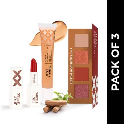 Just Herbs Effortless Glam Set of 3 | Eye Shadow, Foundation, Ayurvedic Lipstick Foundation
