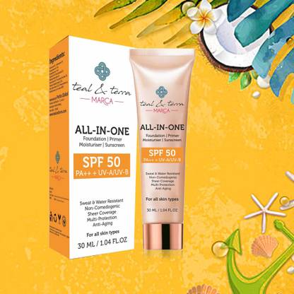 Teal & Terra All-In-One Mineral Sunscreen SPF 50 + Foundation + Primer + Moisturiser Face Cream, 30ml Foundation