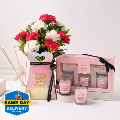 Floweraura Fresh Fresh Live 10 Mix Roses In Box Flower Bouquet With Diffuser & Candle Set Carnations Bouquets
