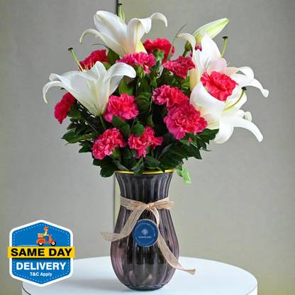 Floweraura Fresh Fresh Live 2 White Lilies & 12 Pink Carnations Flower Bouquet Carnations, Lilies Bouquets