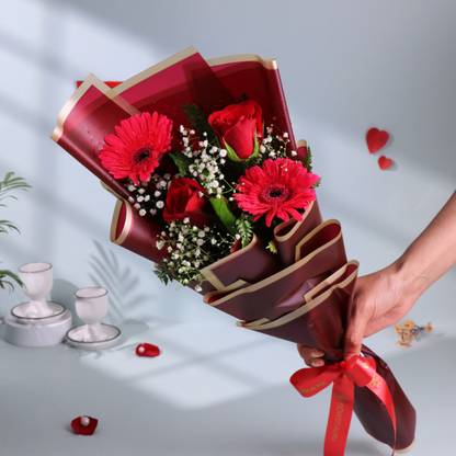 Live Premium Flower Bouquet of 2 Gerberas & 2 Rose Flower Fresh Live Premium Flower Bouquet of 2 Gerberas & 2 Rose Flower Gerbera, Rose Bouquets
