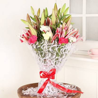 Floweraura Fresh Multicolor Lily, Carnations Bouquets, Flower Basket