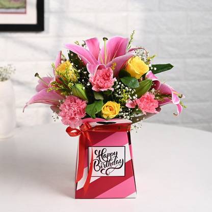 Floweraura Fresh Live Flower Bouquet In Happy Birthday Box Lily, Roses, Carnations Bouquets