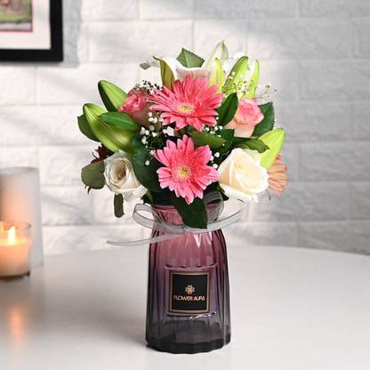 Floweraura Fresh Live Flower Bouquet of 5 Gerberas, 1 Lily & 8 Roses Flower Roses, Gerberas, Lilies Bouquets