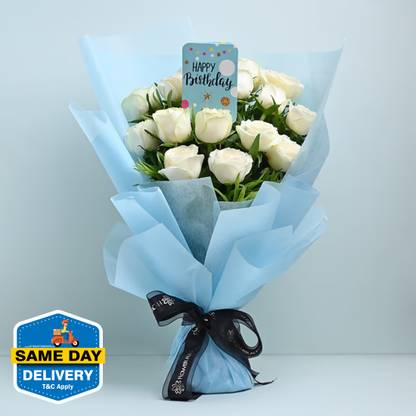 Floweraura Fresh Romantic Fresh Live 10 White Roses Flower Bouquet With Happy B'day Pop-Up Card Rose Bouquets