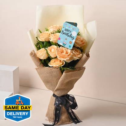 Floweraura Fresh Fresh Live 10 Roses Flower Bouquet With Happy B'day Pop-Up Card Birthday Card Assorted Bouquets