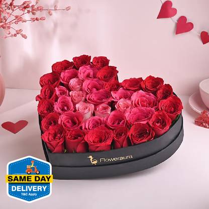 Floweraura Fresh Fresh Live 20 Red & 15 Pink Roses Flowers Bouquet In Heart Shape Box Rose Bouquets