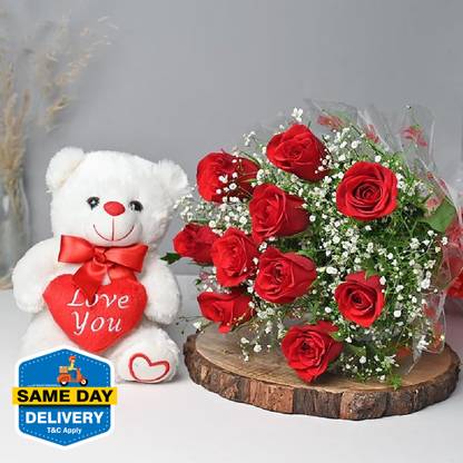 Floweraura Fresh Fresh Live 10 Red Roses Flowers Bouquet With Cute Teddy Rose Bouquets