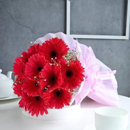 Floweraura Fresh Red Gerberas Bouquets, Flower Basket