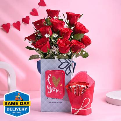 Fresh Live 12 Red Roses Flowers Bouquet In Pop-Up Box With 5 Chocolate Fresh Fresh Live 12 Red Roses Flowers Bouquet In Pop-Up Box With 5 Chocolate Roses Bouquets