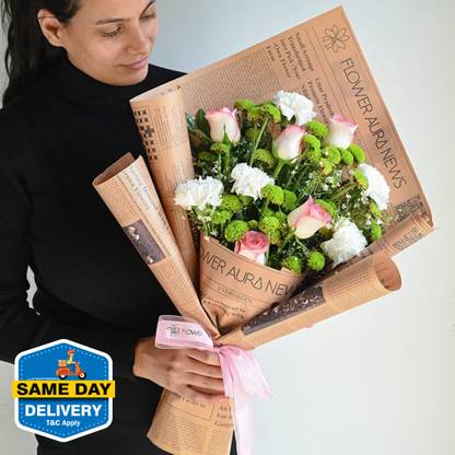 Fresh Live 5 Pink Rose, 5 White Carnation, 4 Stems Of Daisy Flower Bouquet Fresh Fresh Live 5 Pink Rose, 5 White Carnation, 4 Stems Of Daisy Flower Bouquet Assorted Bouquets